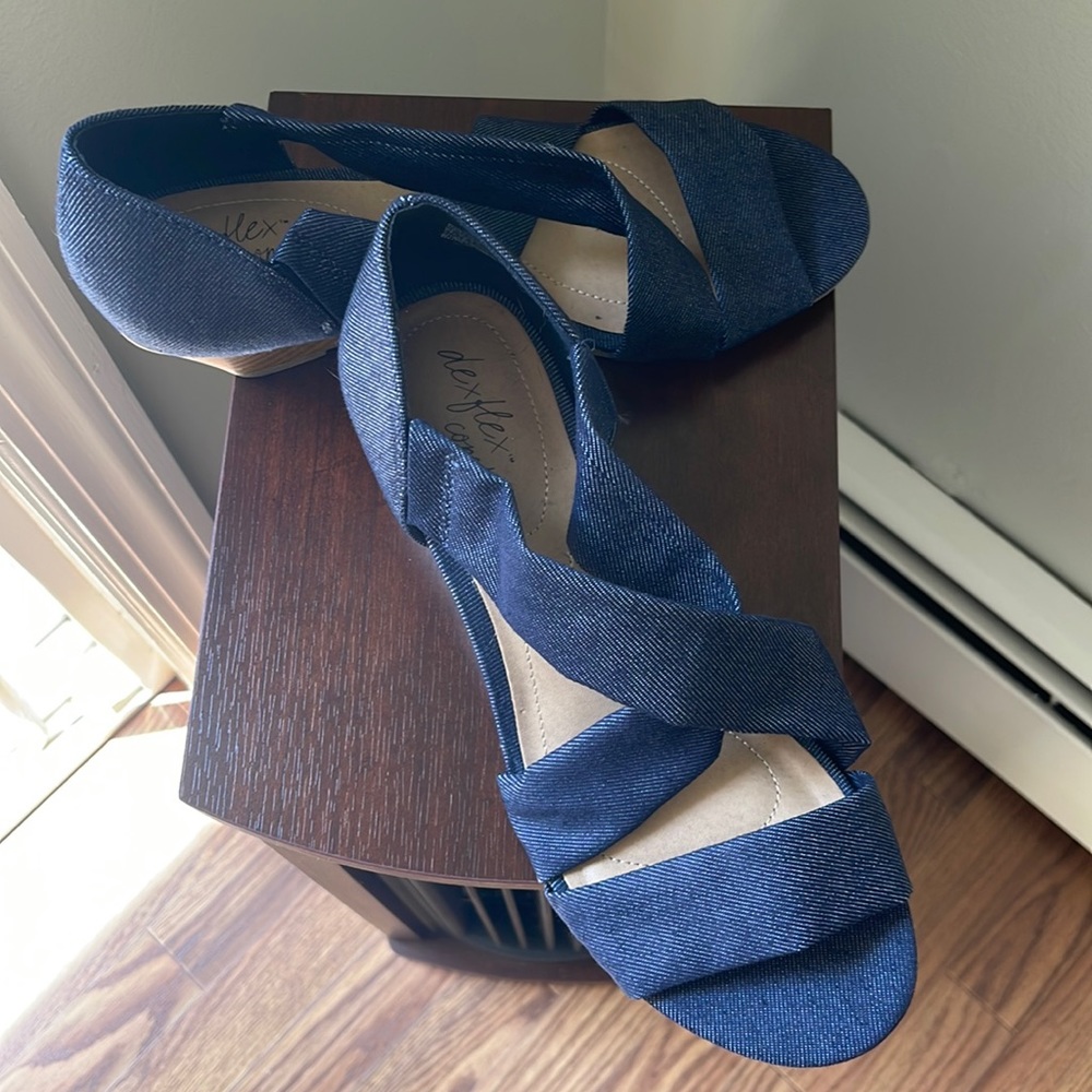 Denim fabric wedge sandals